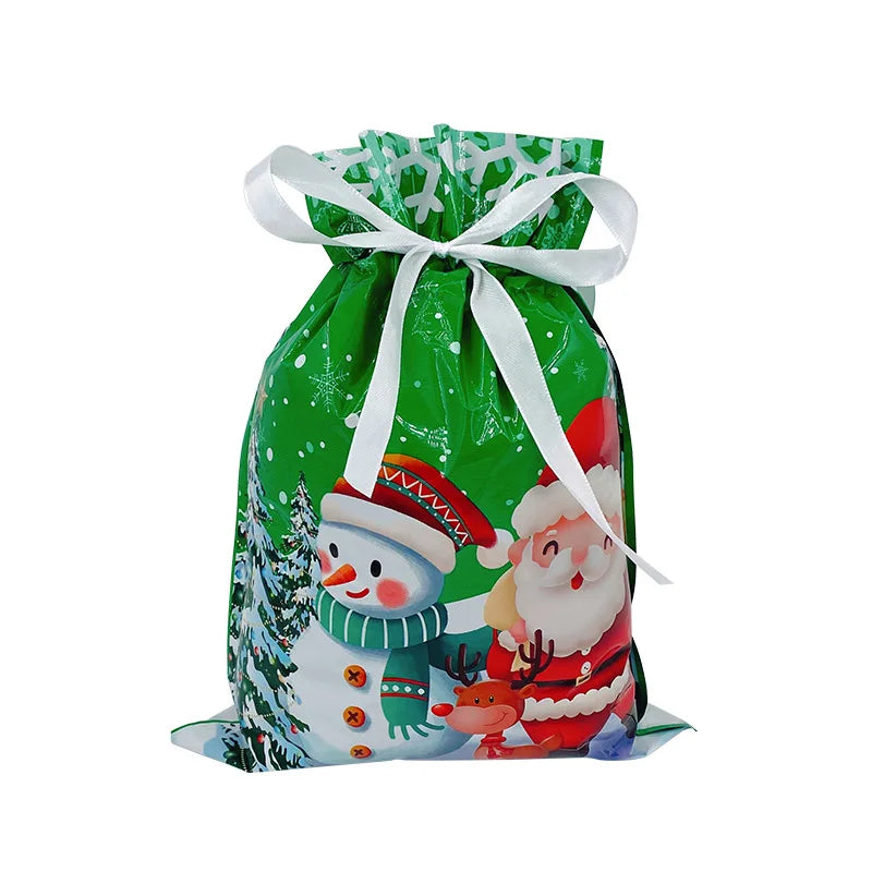 Colorful Christmas Drawstrings Gift Bags featuring Santa and snowmen design, perfect for holiday gifting