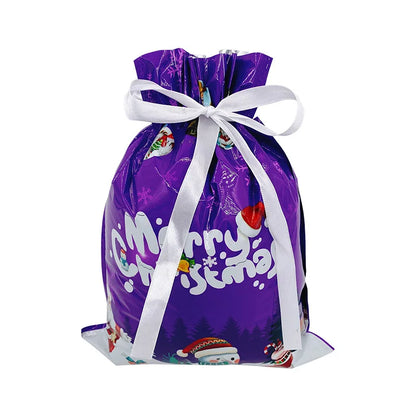 Purple Christmas Drawstrings Gift Bags with festive design and ribbon closure for holiday gifting