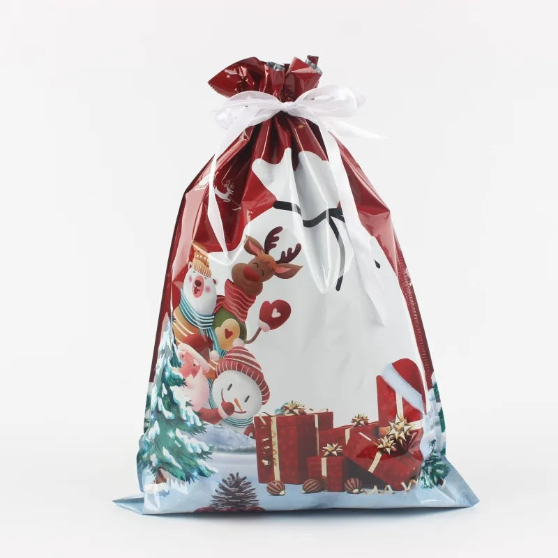Christmas Drawstrings Gift Bags featuring festive snowman and reindeer designs for holiday presents