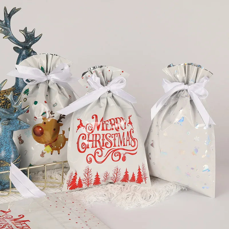 Festive Christmas Drawstrings Gift Bags featuring cheerful designs for holiday gifting