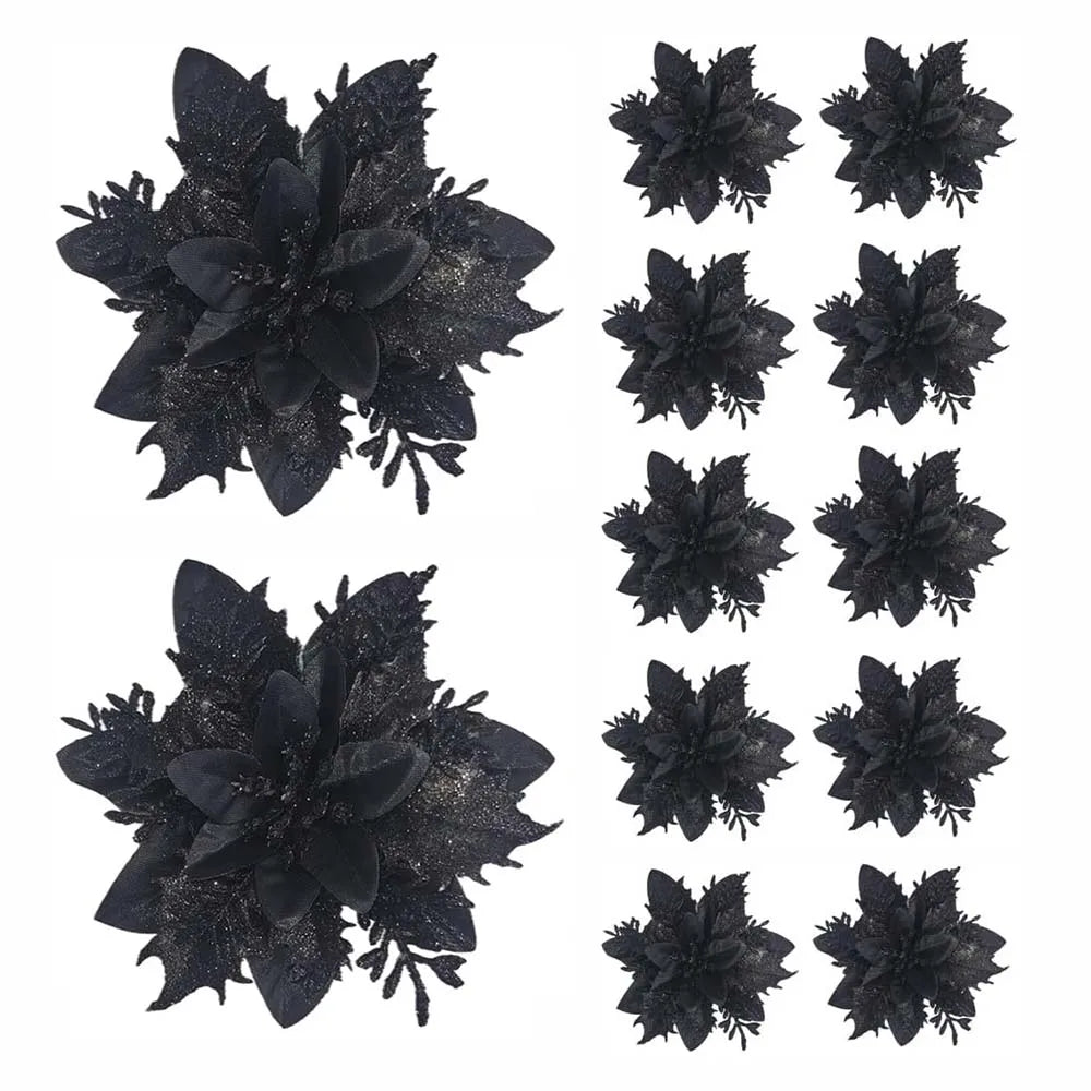 Set of 12 black Christmas flower ornaments with glittery accents for festive decorations