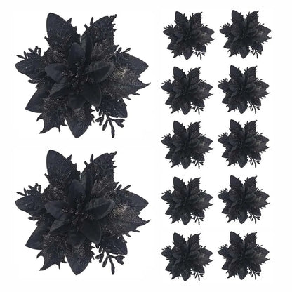Set of 12 black Christmas flower ornaments with glittery accents for festive decorations