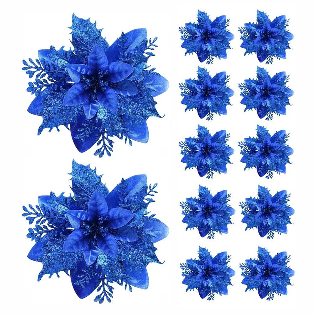 Set of blue Christmas flower ornaments featuring intricate leaf and floral designs for holiday decor