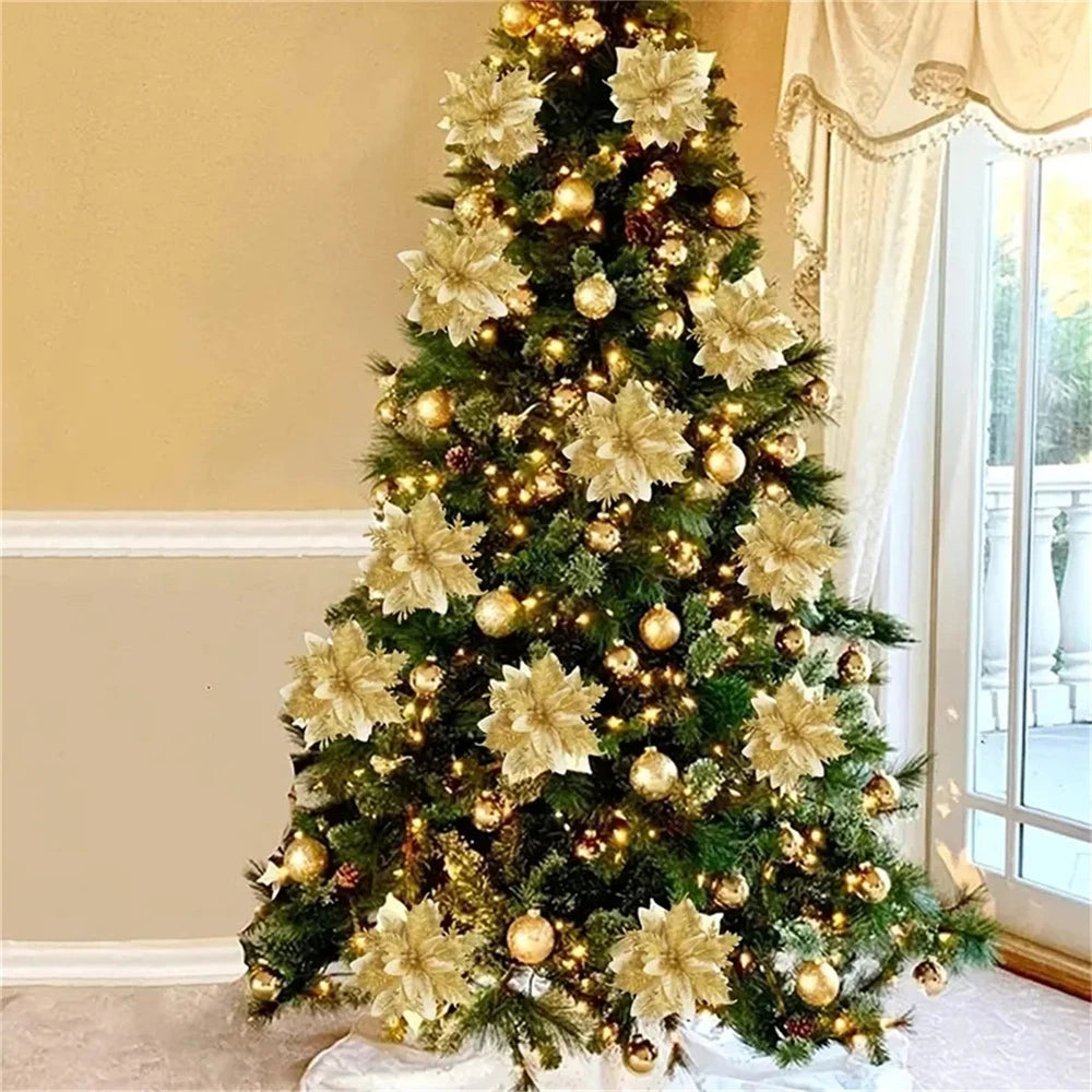 Elegant Christmas flower ornaments adorning a beautifully decorated Christmas tree