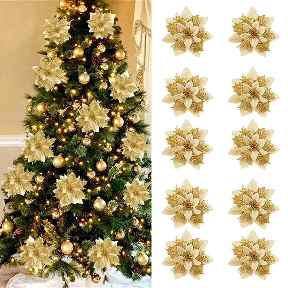 Gold Christmas flower ornaments for festive tree decoration with elegant star shapes
