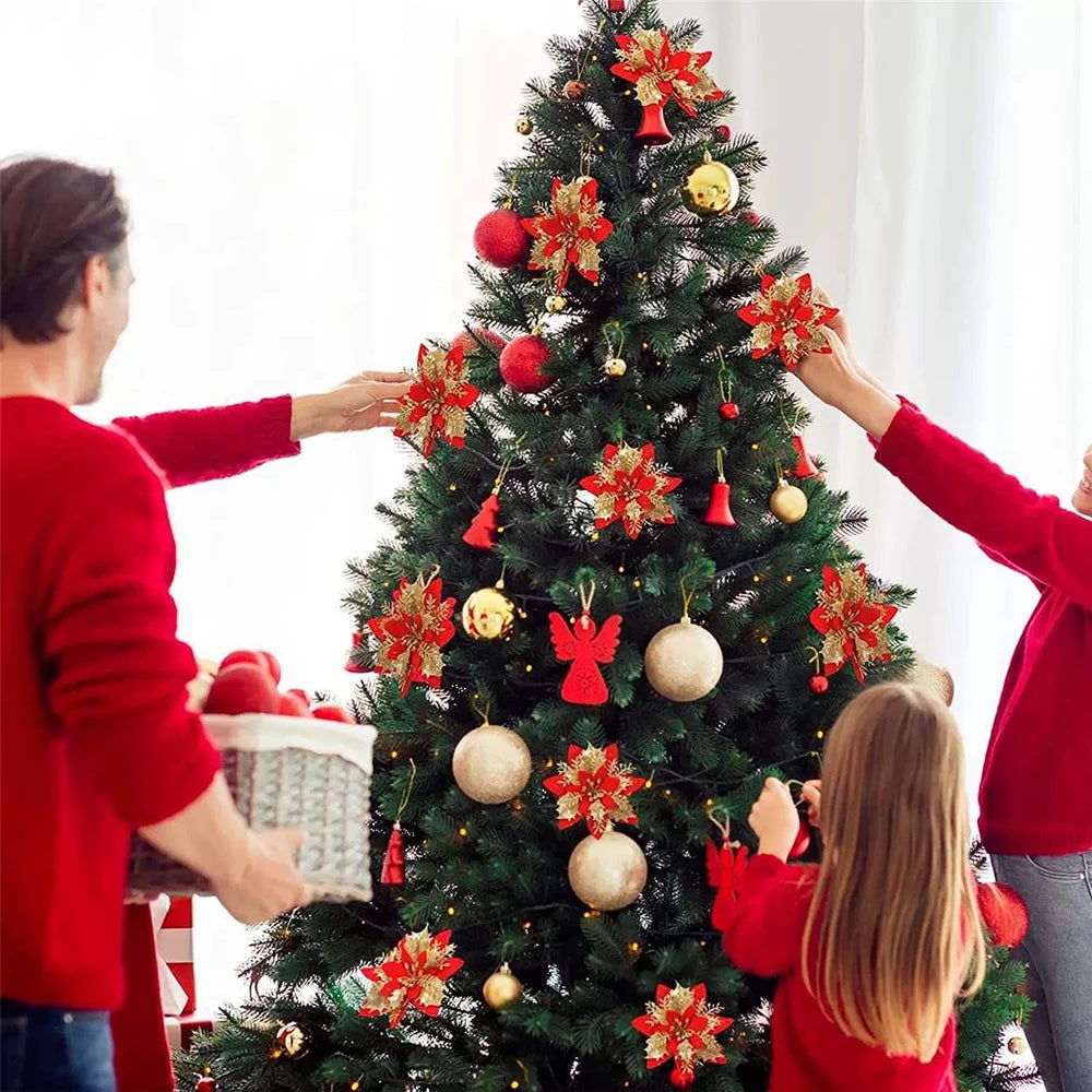 Family decorating a Christmas tree with vibrant Christmas flower ornaments and red decorations