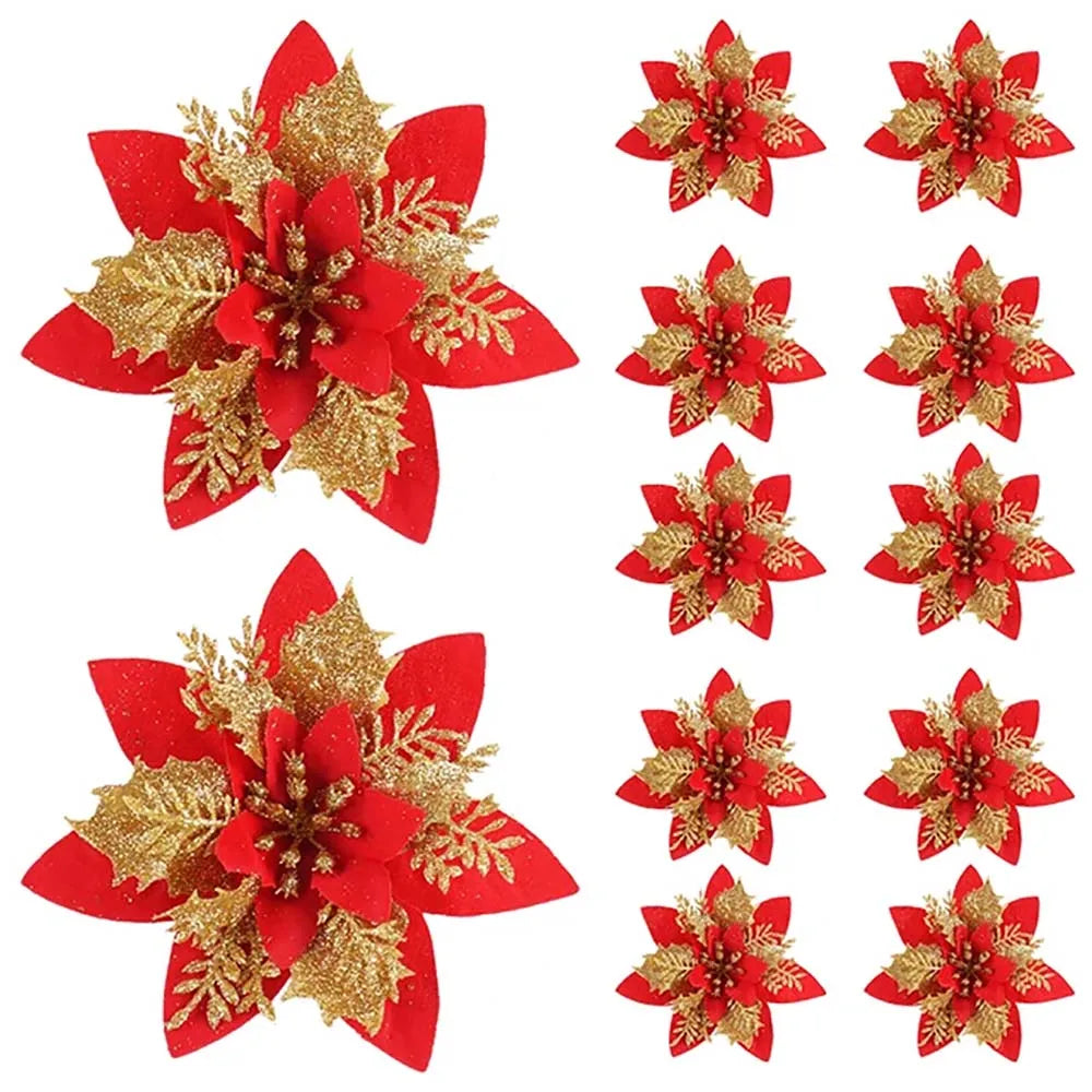 Pack of 12 Christmas flower ornaments featuring red and gold poinsettias and foliage for festive decor