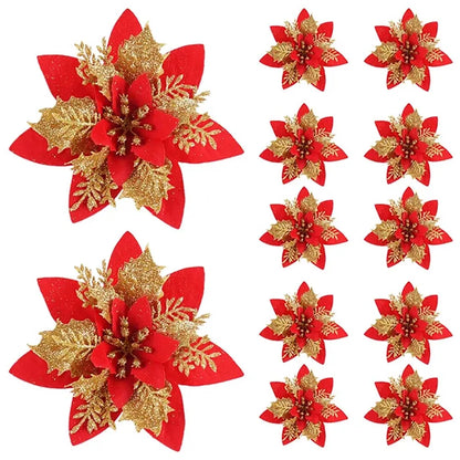 Pack of 12 Christmas flower ornaments featuring red and gold poinsettias and foliage for festive decor