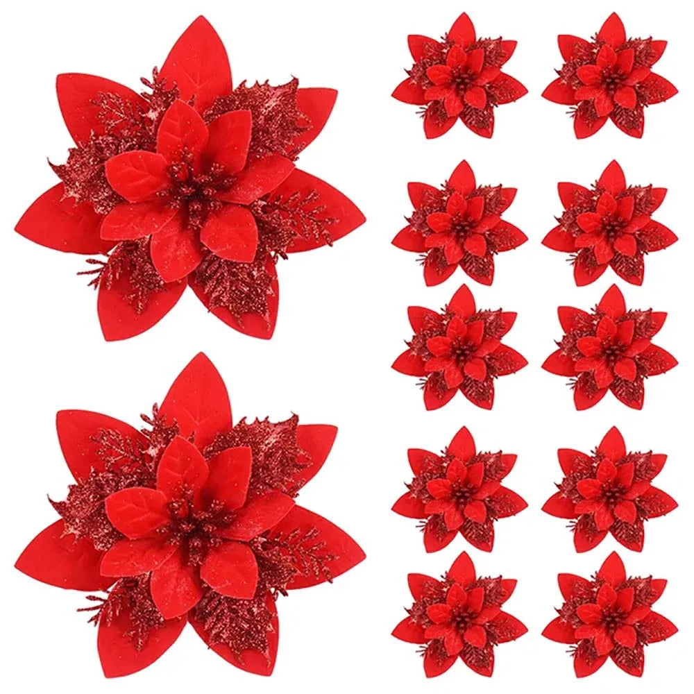 Vibrant red Christmas flower ornaments in various sizes for festive holiday decor