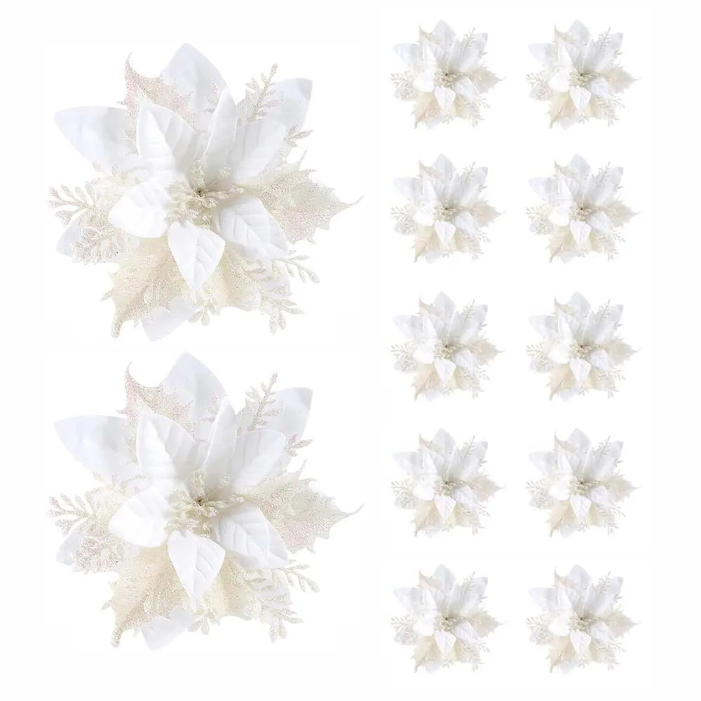 Set of 12 elegant Christmas flower ornaments in white and gold for holiday decorations