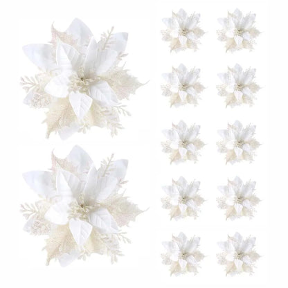 Set of 12 elegant Christmas flower ornaments in white and gold for holiday decorations