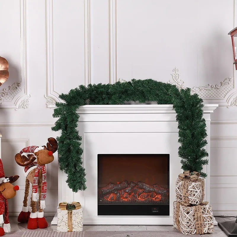 Lush Christmas Garland draped over a white fireplace with festive decor and gifts