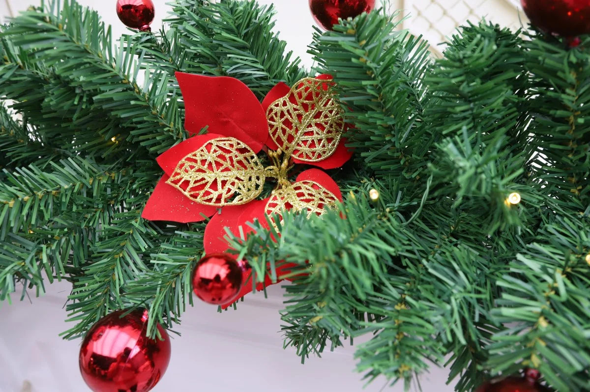 Nutshell Christmas Garland with Red Poinsettia and Shiny Red Ornaments for Holiday Decor