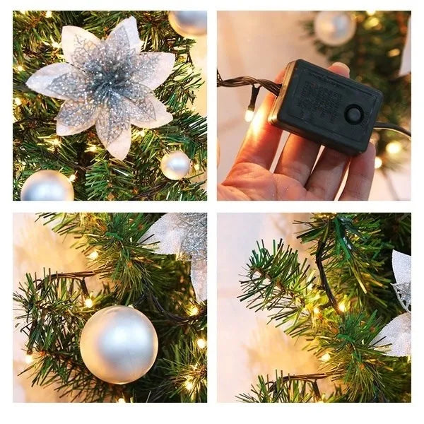 Nutshell Christmas garland with lights featuring silver ornaments and decorative flowers