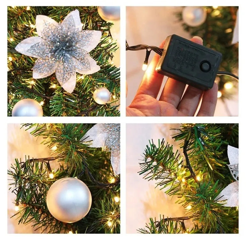 Nutshell Christmas garland with lights featuring decorative silver ornaments and a power control box