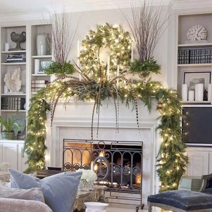 Elegant Christmas garland with lights adorning a stylish fireplace mantel with decorative elements