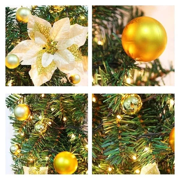Decorative Christmas garland with lights featuring gold ornaments and a festive poinsettia flower