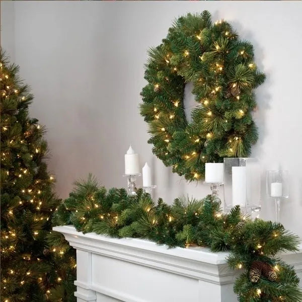 Nutshell Christmas garland with lights elegantly displayed on a mantel with a matching wreath