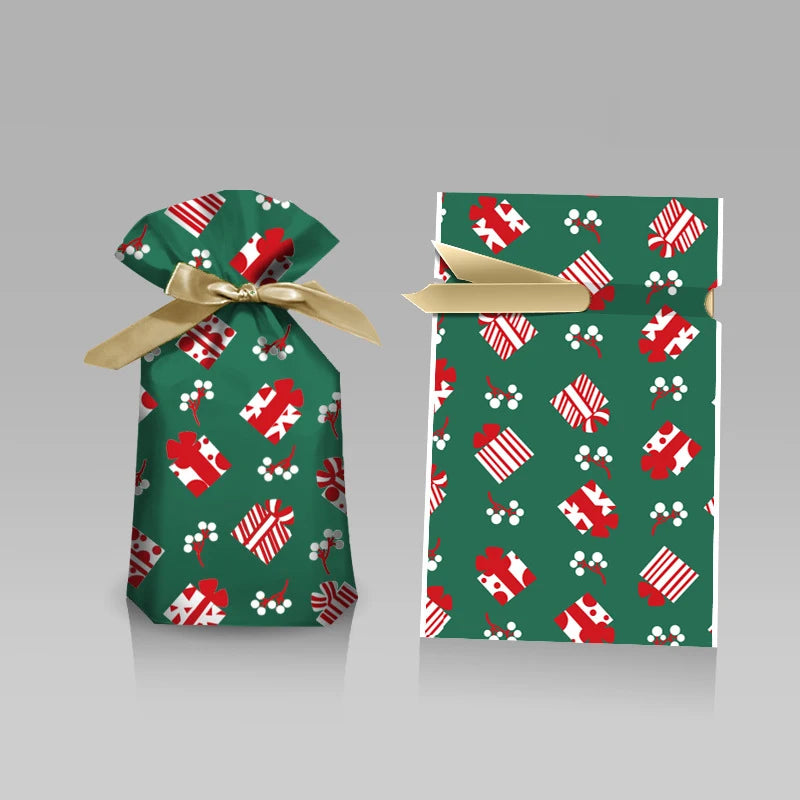 Two festive Christmas gift bags with drawstring featuring colorful holiday gift patterns