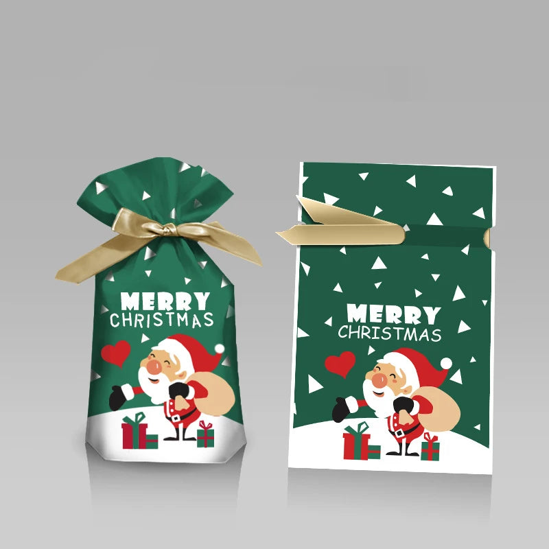 Nutshell Christmas gift bags with drawstring featuring a festive Santa design and holiday colors