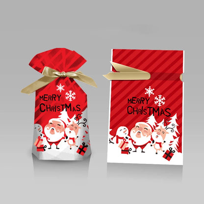 Two festive Christmas gift bags with drawstring featuring cheerful Santa Claus and holiday characters