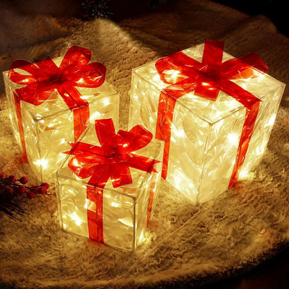 Christmas gift box decorative lights in various sizes with red ribbons for festive decoration