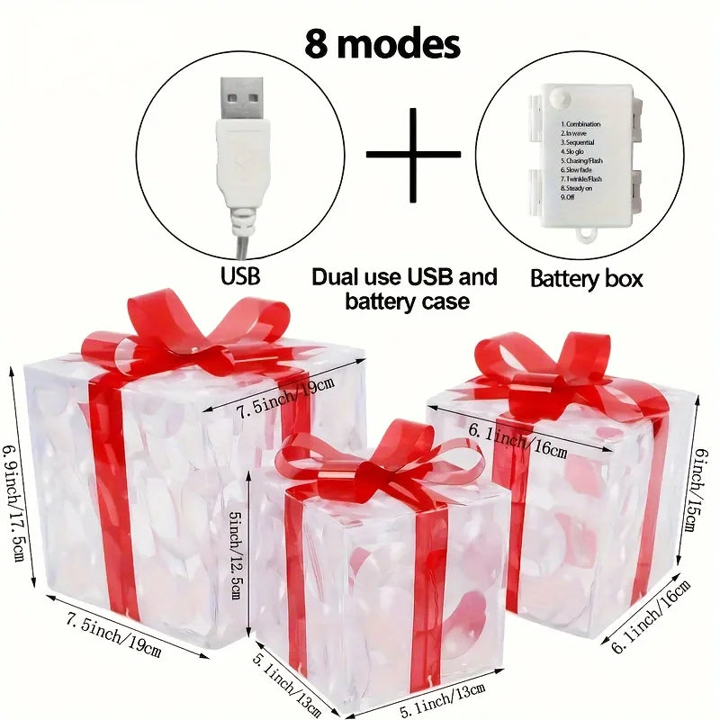 Nutshell Christmas gift box decorative lights in clear design with red ribbons and multiple lighting modes