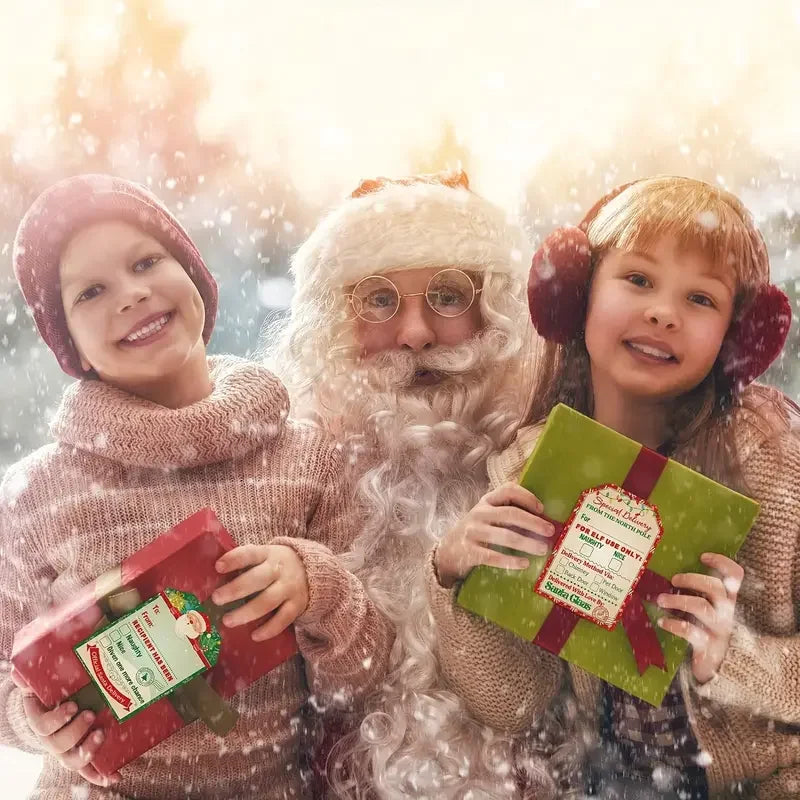 Kids with Santa holding colorful gifts featuring Christmas Gift Tags Sticker for festive gifting