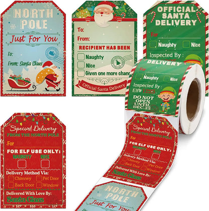 Christmas Gift Tags Sticker Roll featuring Santa and North Pole themes for holiday gifting