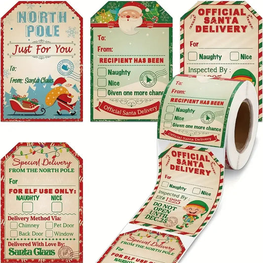 Colorful Christmas Gift Tags Sticker featuring Santa and North Pole designs for holiday gifts