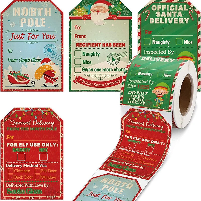 Christmas Gift Tags Sticker Roll featuring Santa Claus and Naughty or Nice Options for Holiday Gifts