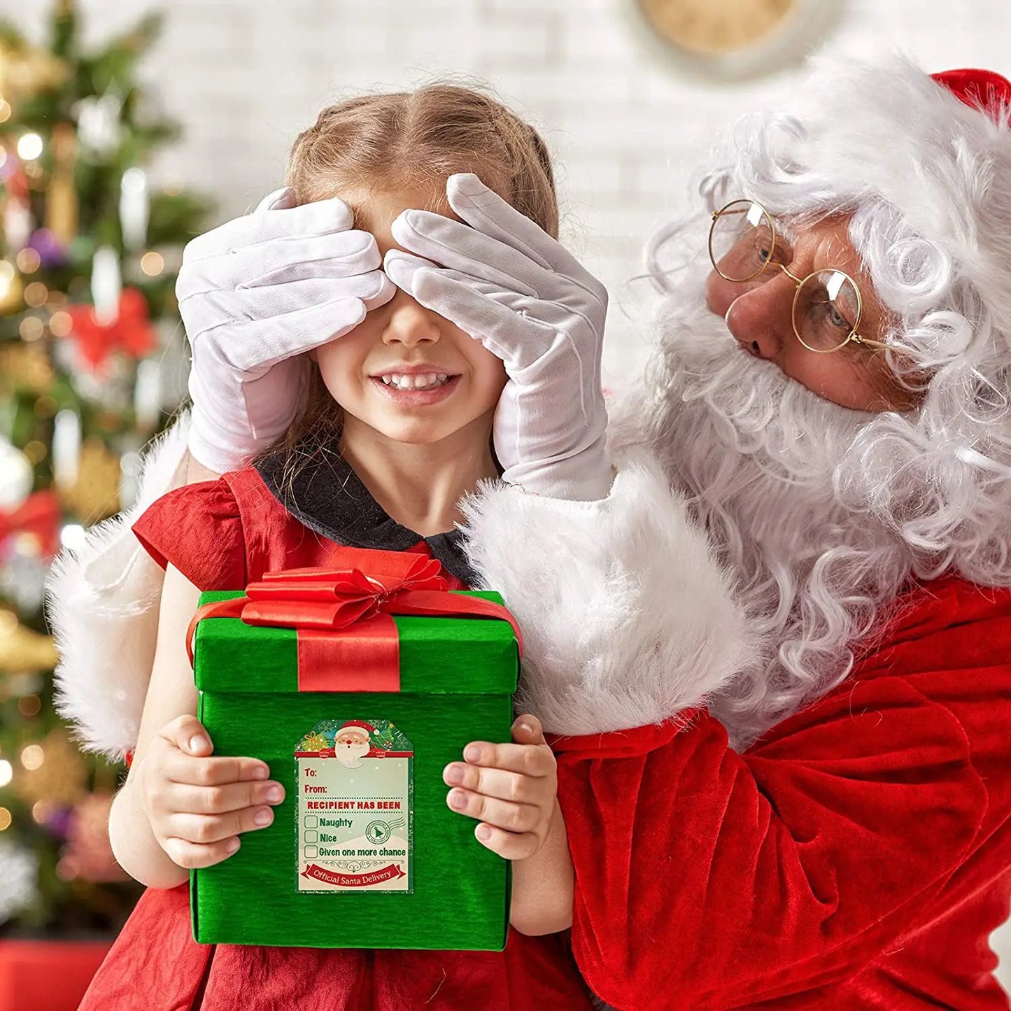 Nutshell Christmas Gift Tags Sticker on a wrapped present held by a girl with Santa Claus