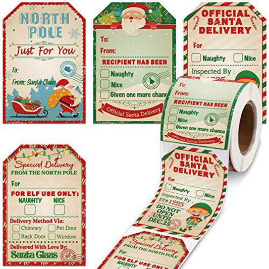 Set of Christmas Gift Tags Sticker featuring Santa, North Pole design, and delivery notes on a roll