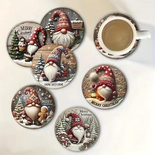 Christmas gnome coaster set featuring colorful gnomes in festive scenes for holiday decor