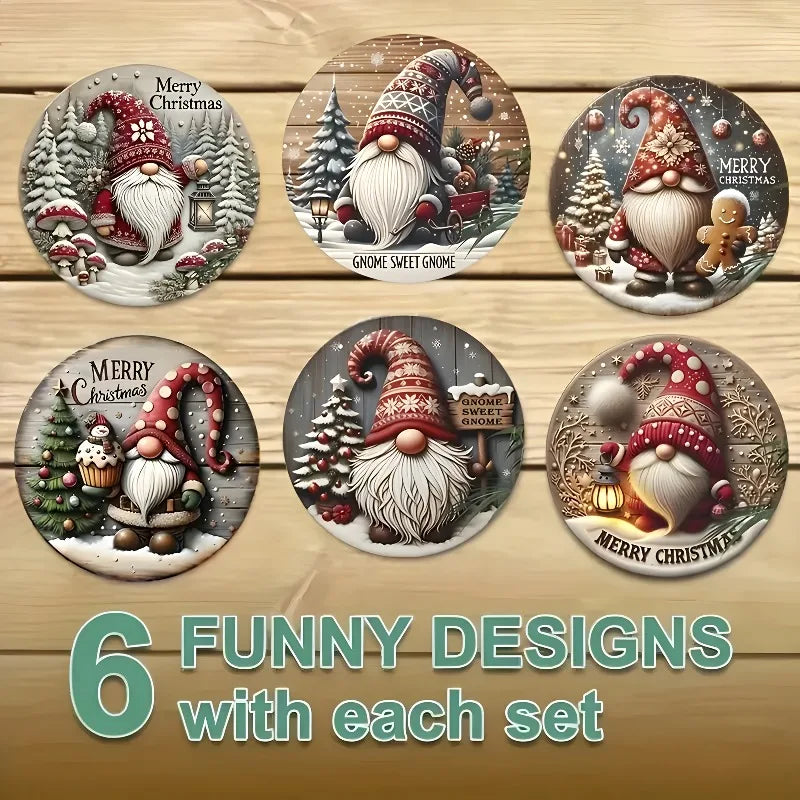 Christmas gnome coaster set featuring six funny designs for holiday decor and gift giving