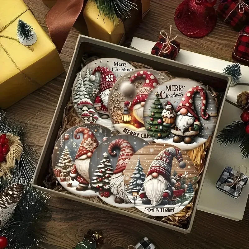 Christmas gnome coaster set featuring festive designs and cheerful gnomes in a gift box