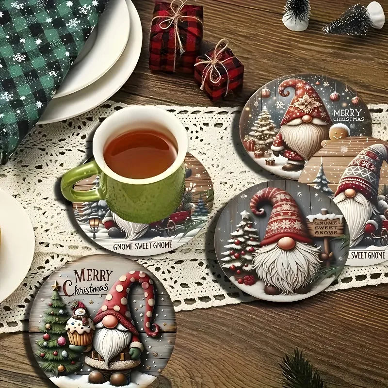 Christmas gnome coaster set featuring colorful gnome designs and festive decorations for holiday drinks
