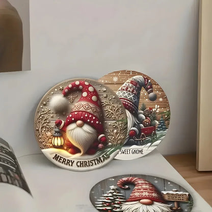 Christmas gnome coaster set featuring festive designs with red and blue gnomes on round coasters