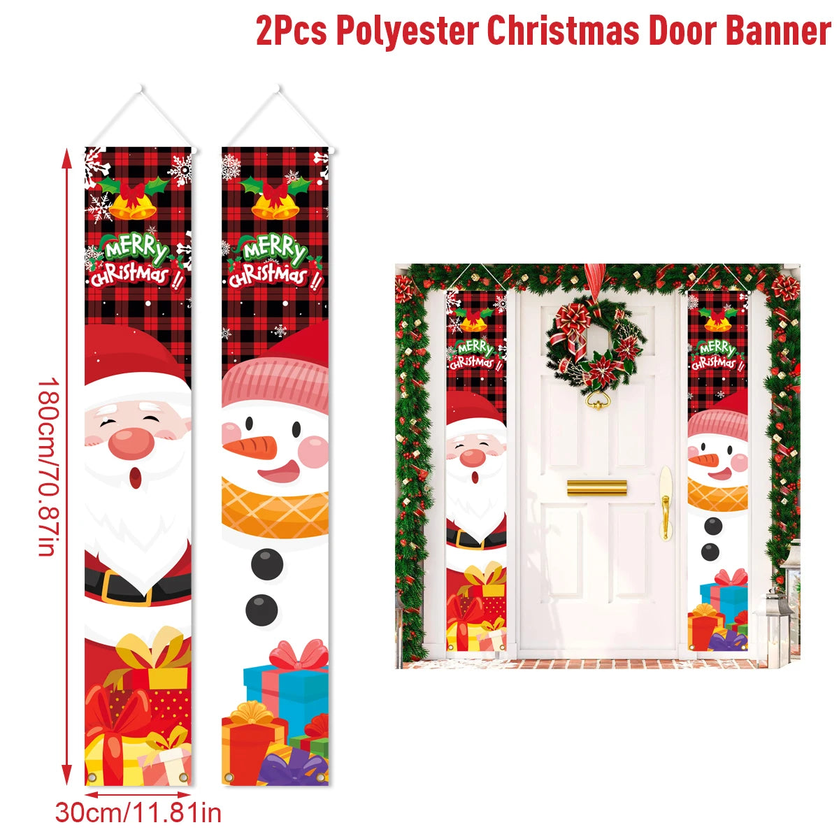 2Pcs Polyester Christmas Hanging Door Banner with Santa and Snowman Designs for Holiday Decor