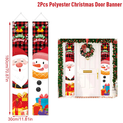 2Pcs Polyester Christmas Hanging Door Banner with Santa and Snowman Designs for Holiday Decor