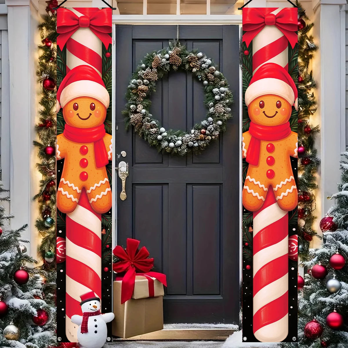 Christmas Hanging Door Banner with Candy Cane Gingerbread Decorations for Holiday Cheer
