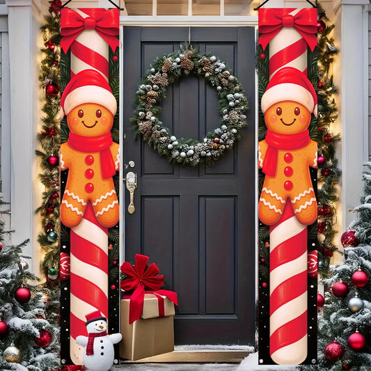 Christmas Hanging Door Banner with Candy Cane Gingerbread Decorations for Holiday Cheer