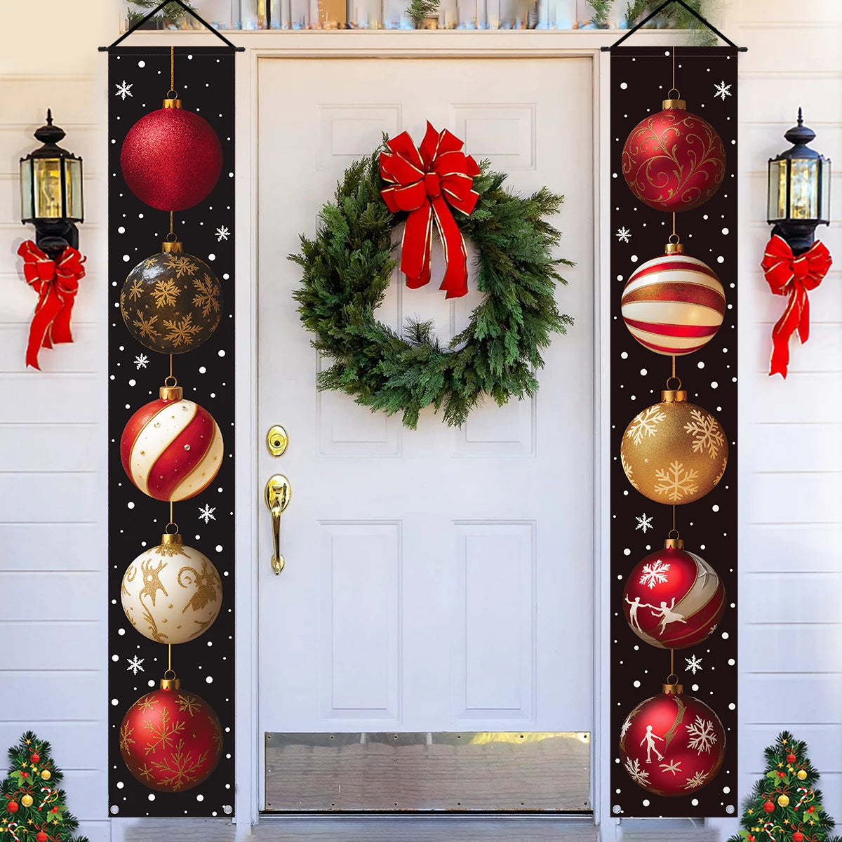 Christmas Hanging Door Banner with Colorful Ornaments and Wreath for Festive Holiday Decor