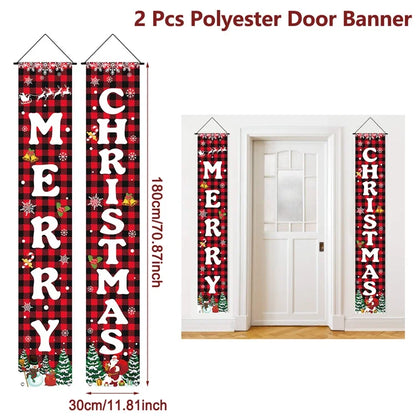Merry Christmas Hanging Door Banner set featuring festive designs in red and black plaid, perfect for holiday decorations