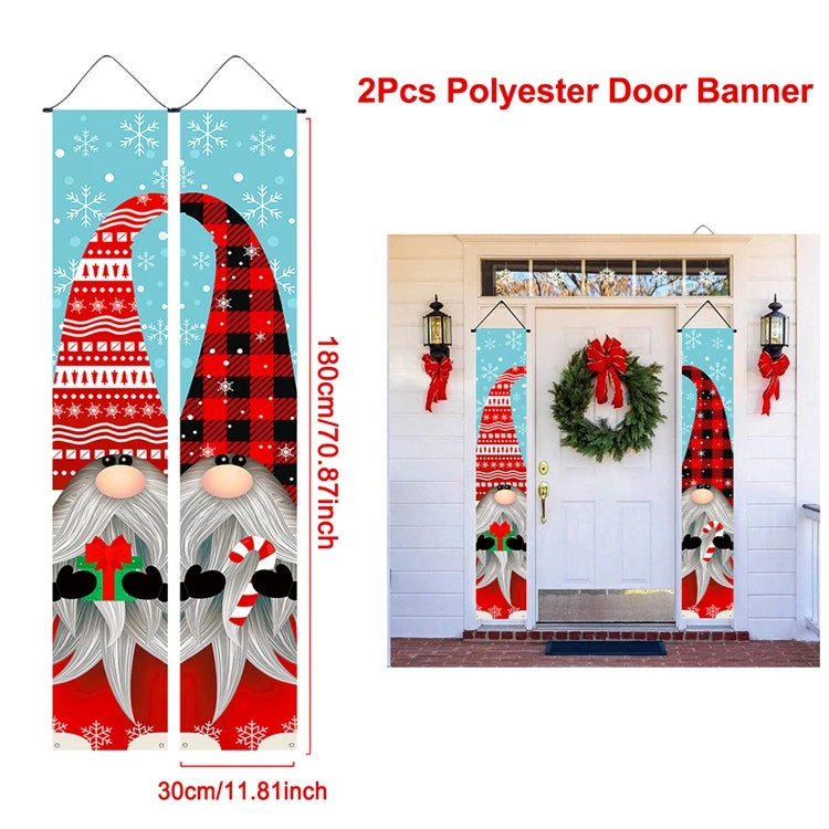 Christmas Hanging Door Banner featuring festive gnomes with red hats and snowy background