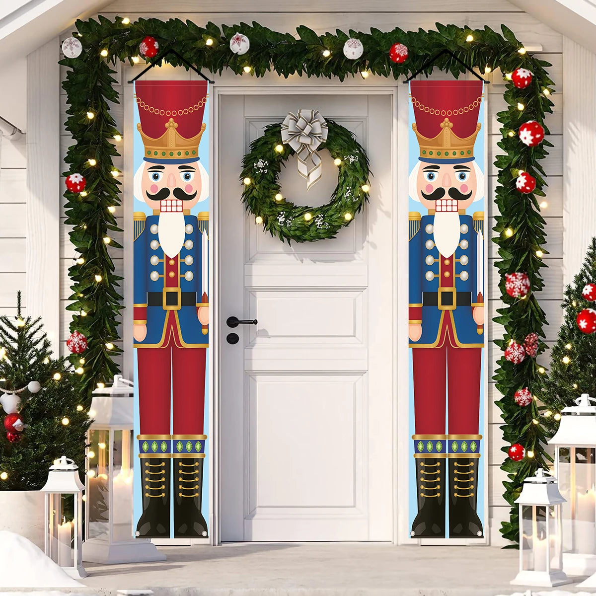 Christmas Hanging Door Banner featuring nutcracker soldiers on a festive decorated doorway