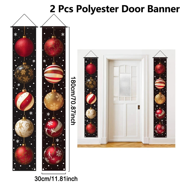 Christmas Hanging Door Banner featuring decorative ornaments in red and gold, perfect for holiday decor