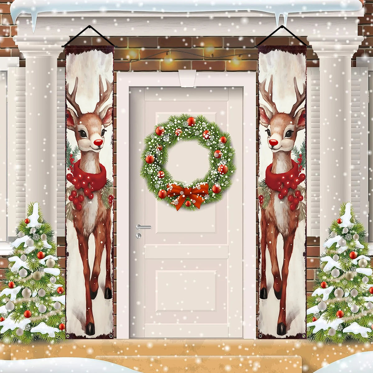 Christmas Hanging Door Banner featuring festive reindeer designs and greenery for holiday decor