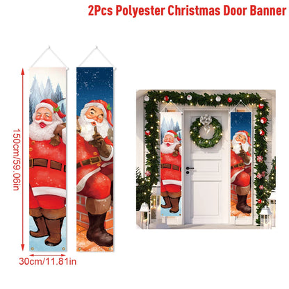 2Pcs Polyester Christmas Hanging Door Banner featuring Santa Claus with festive decorations