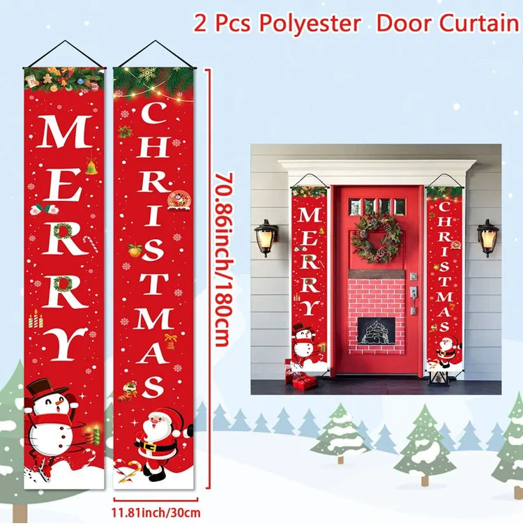 Set of 2 Merry Christmas Hanging Door Banner in red polyester for festive home decoration